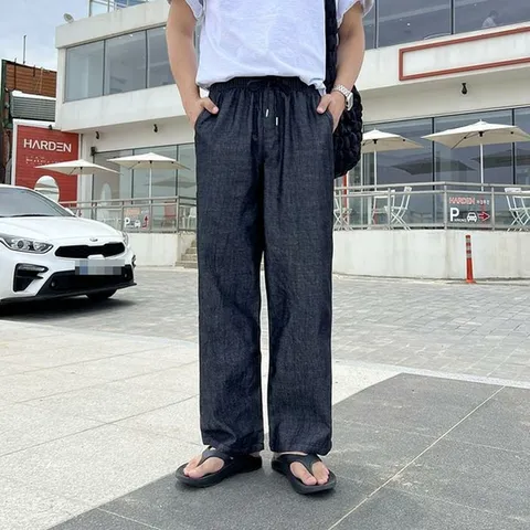 남자와이드청바지 여름 청바지 밴딩 아이스 린넨 데님