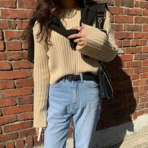 [러빙엠] 숏 크롭 골지 니트 티셔츠