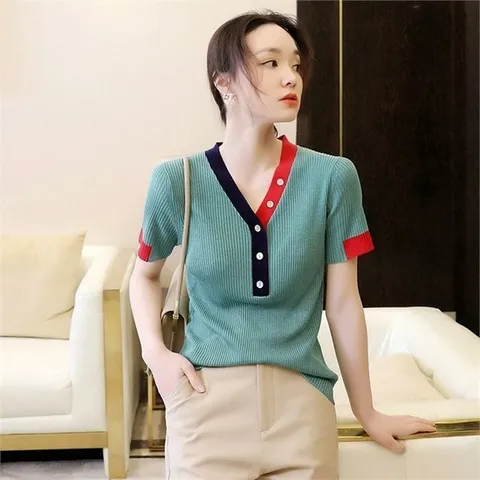 [오노마] ONM 퓨어 배색 단추 니트 여자 예쁜 브이넥 셔츠 민트