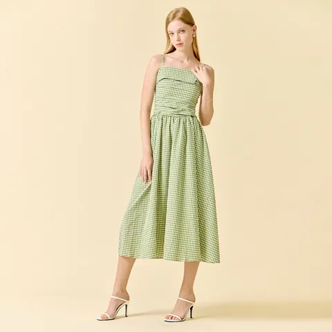 잔체크 지지미 시어서커 끈나시 원피스(DE7B1OP06)