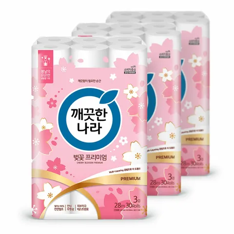 깨끗한나라 벚꽃 프리미엄 벚꽃향 3겹 화장지 28m 30롤 3팩