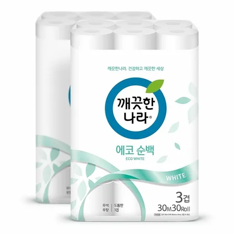 깨끗한나라 에코 순백 3겹 화장지 30m 30롤 2팩