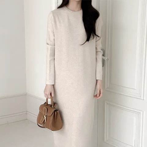 엘케이트 여자 니트 원피스 겨울 라운드넥 롱 무지 원피스 LBRT011