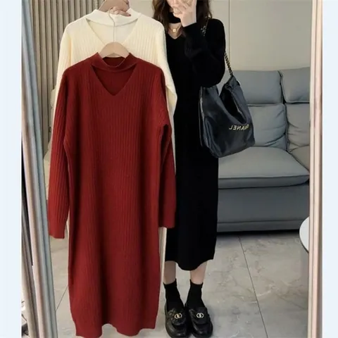 [오노마] ONM 가을 이중 니트 브이넥 원피스 치마 겨울 보온