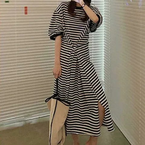 [라일리의류] Rly 스트라이프 허리 조임단추 반팔 롱원피스 밑단트임