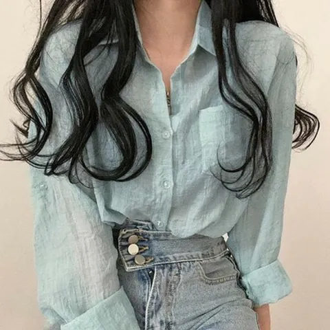 [오노마] ONM 여대생 여름 봄 얇은 비치는 휴가룩 민트 긴팔 셔츠