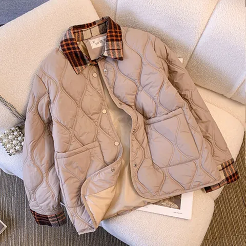 (바바라옷장) 230606 - 체크카라 웨이브 중량패딩 경량패딩 여성패딩 간절기패딩 퀼팅패딩 누빔점퍼 숏패딩 퀼팅점퍼 경량