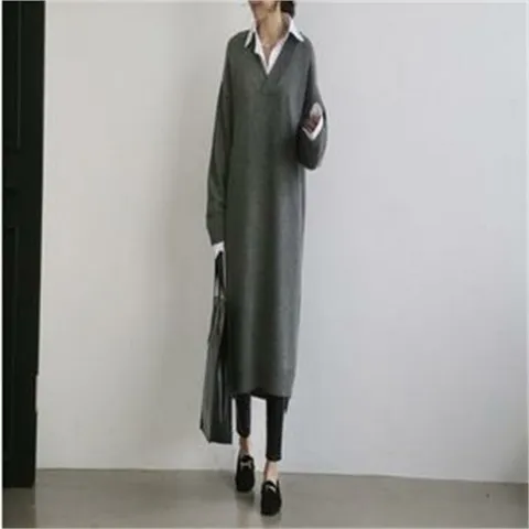 [오노마] ONM F10871/하나쯤은 필수루즈핏 박시한 V넥롱니트원피스