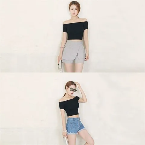 [오노마] ONM 입술넥 크롭 반팔 티셔츠 오프숄더 딱붓 슬림핏 라인