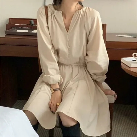[오노마] ONM 브이 트임 넥 허리 밴딩 플레어 스커트 라인 원피스