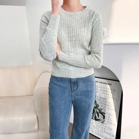 크롭 심플 꽈배기니트 뽀얌데일리 (HJJ-WD6BE83)