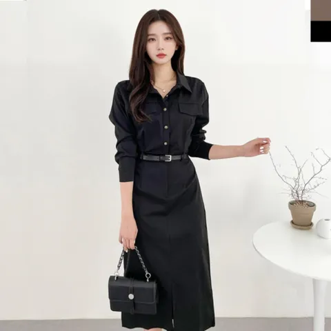 블레오 여성 봄 가을 하객룩 카라 벨트 데일리 셔츠 롱원피스