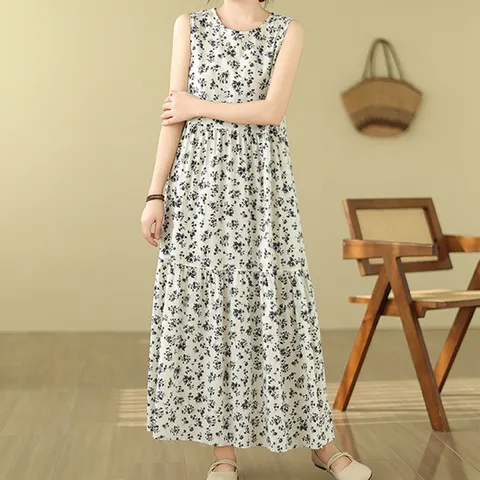 (쿠잉) 여성 플라워 패턴 민소매/나시 데일리 롱원피스