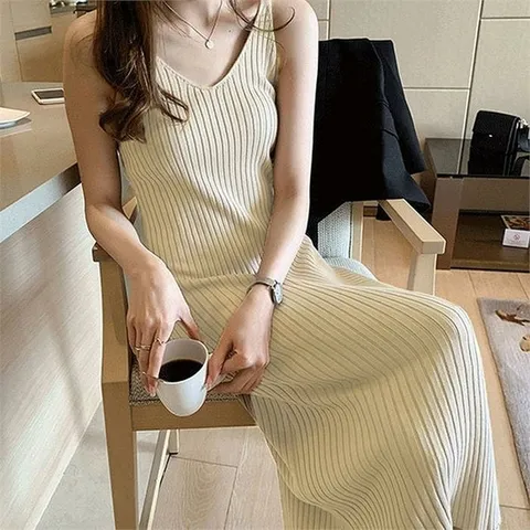 [오노마] ONM 여자 골지 슬리브리스 롱원피스 슬림 데일리 코디