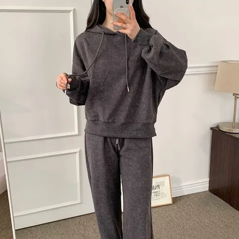여자 피그먼트 후드맨투맨 와이드핏 겨울츄리닝 세트