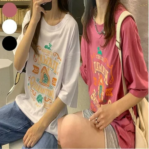 [오노마] ONM 여자 면 반팔 티셔츠 프린팅 라운드넥 보세 반팔티