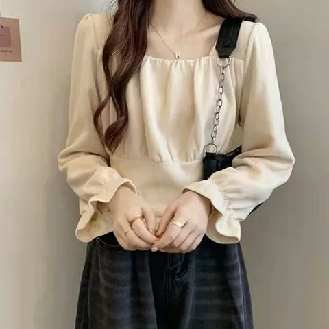 [오노마] ONM 데일리 여성 예쁜 스퀘어넥 셔링 긴팔 블라우스 셔츠