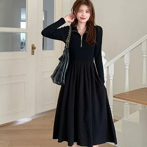 [오노마] ONM 여성 블랙 반집업 투피스 롱 원피스 A라인 플리츠