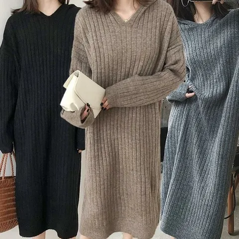 [오노마] ONM 여성 골지 후드 니트 롱 봄 가을 겨울 원피스