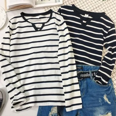 [오노마] ONM 스트라이프 여성 티셔츠 브이넥 여자 긴팔 티셔츠
