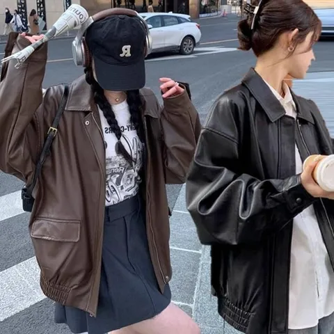 [오노마] ONM 여성 오버핏 카라 집업 스타일리쉬 꾸안꾸 레더 자켓