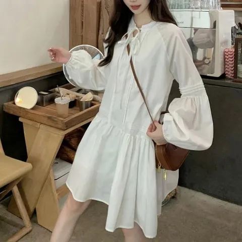 [오노마] ONM 볼륨소매 퍼프 여성 플레어 원피스 화이트