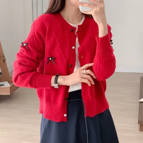 여자 러블리 진주리본 콩단추 빨간색니트 긴팔 가디건