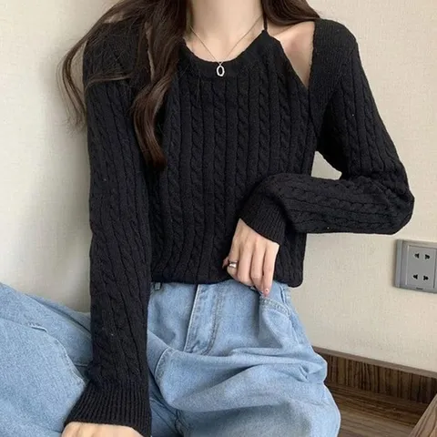 [오노마] ONM 홀터넥 볼레로 꽈배기 긴팔 니트 캐주얼 여자 티셔츠
