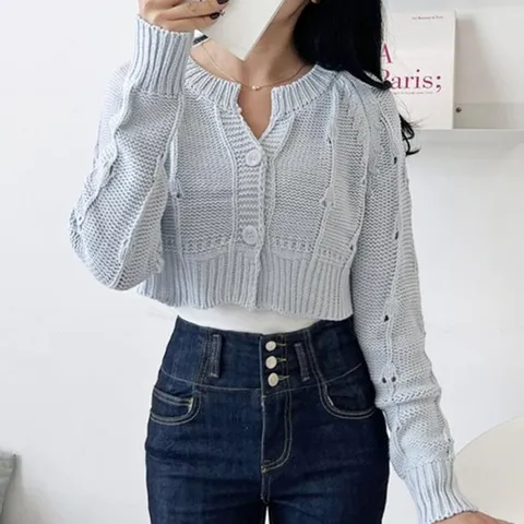 [오노마] ONM 여자 크롭 니트 가디건 짧은 배꼽 라운드넥 20대 슬림