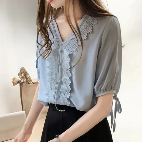 [오노마] ONM 여성 여름 브이넥 레이스 포인트 반팔 블라우스