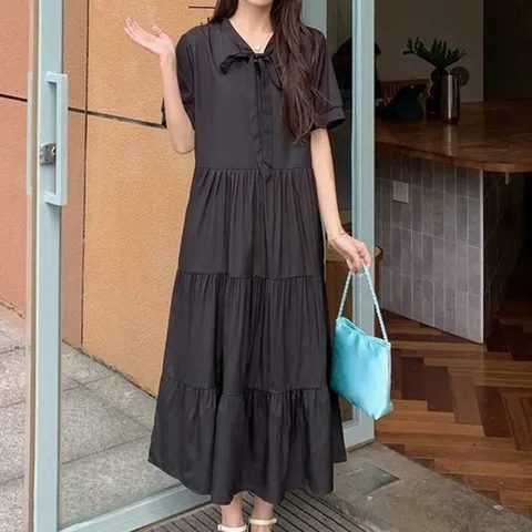 [오노마] ONM V넥 리본 캉캉 반팔 블랙 롱원피스 루즈핏 체형커버