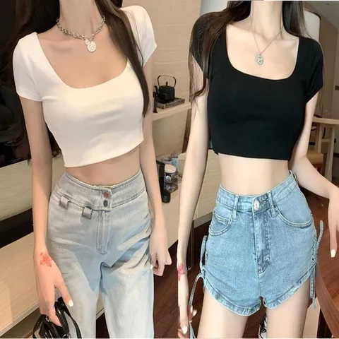 [오노마] ONM 여자 슬림핏 스퀘어넥 여름 크롭 이너 반팔 티셔츠