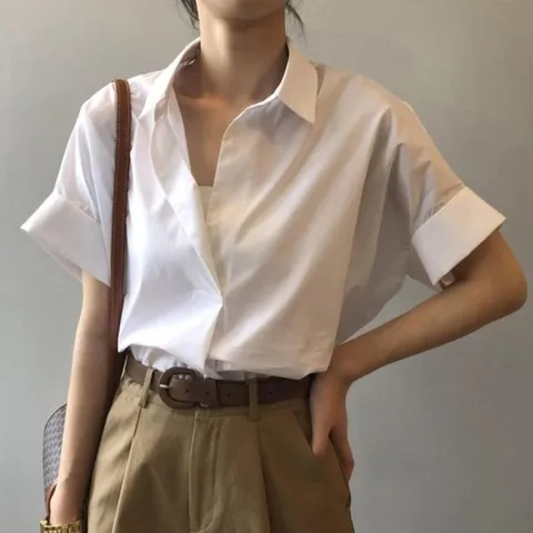 [오노마] ONM 오픈 여자 반팔 셔츠 롤업 카라 흰 블라우스 셔츠