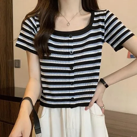 [오노마] ONM 여성 2컬러 크롭 스트라이프 스퀘어넥 반팔 티셔츠