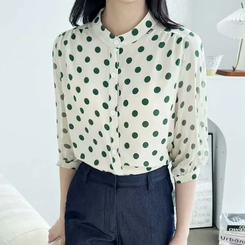 [오노마] ONM 도트 시스루 쉬폰 블라우스 칠부소매 봄여름 오피스룩