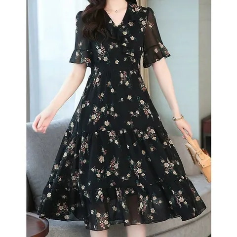 [오노마] ONM 플라워 패턴 여성 프릴 쉬폰 A라인 여름 반팔 원피스