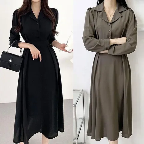 [라일리의류] Rly 카라 브이넥 여성 로맨틱 긴팔 핀턱 주름 롱 원피스