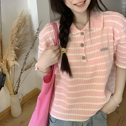 [라일리의류] Rly 여성 줄무늬 스트라이프 카라티 귀여운 반팔 티셔츠