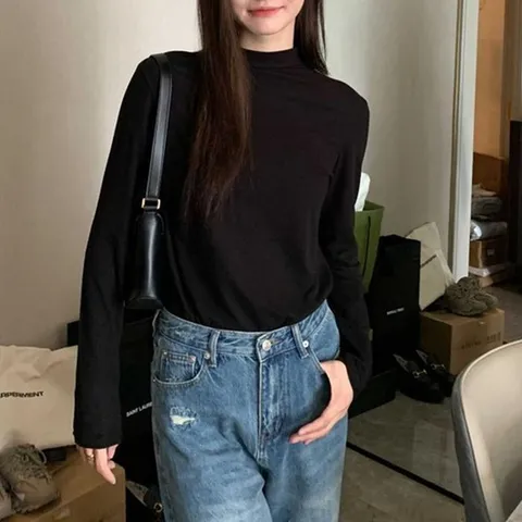 [라일리의류] Rly 여자 청바지 코디 기본 검정 반 폴라 하프넥 티셔츠