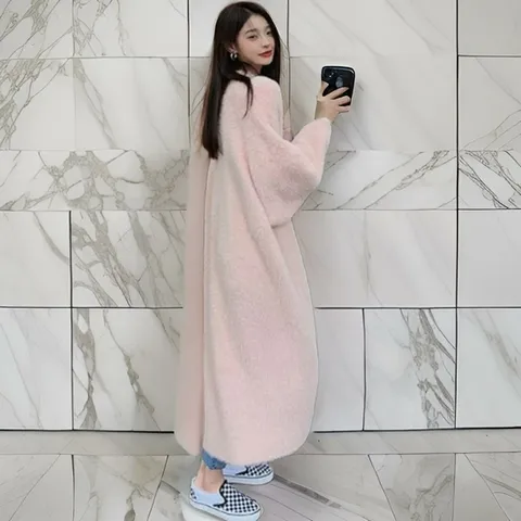 여자 캐주얼 핑크 밍크 퍼 데일리 롱가디건