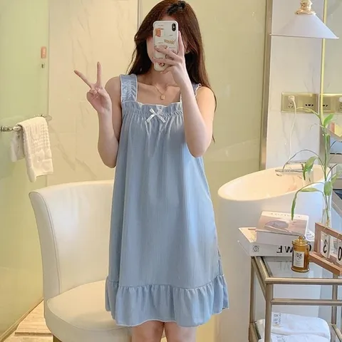 여름 편한 시어서커 파자마 민소매 리본 원피스 잠옷