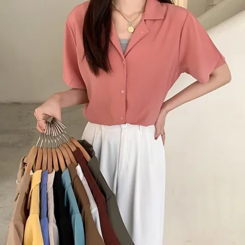 여자 여름 데일리 크롭 쉬폰 반팔 셔츠 남방 하객 면접 블라우스