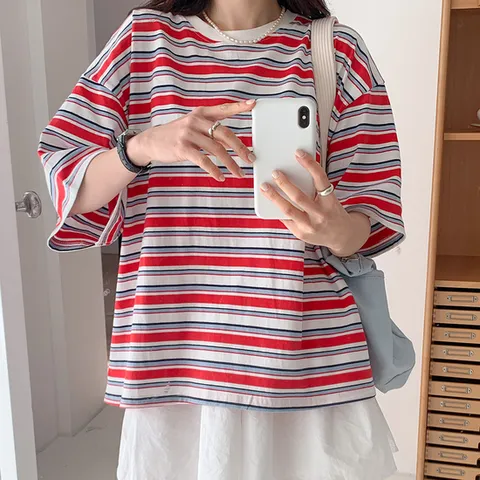 여자 단가라반팔티 링거라운드 오버핏 배색 면 티셔츠