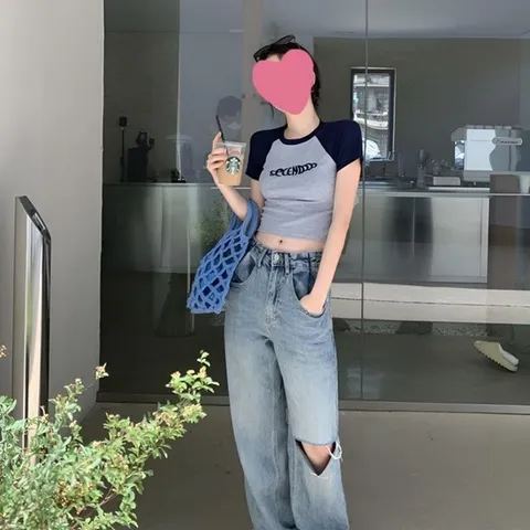 데일리 레터링 크롭 반팔 티셔츠 JSC-M24070301