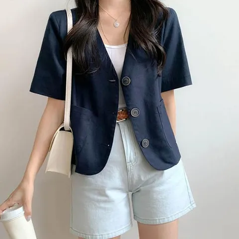 여성 면소재 반팔 자켓 여름 정상 상의 직장인 데일리