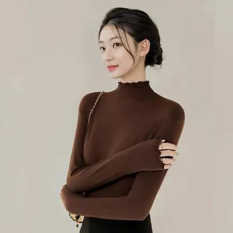 여자 얇은 프릴 반목 긴팔티 피치기모 목티 레이어드 반폴라티 롱티