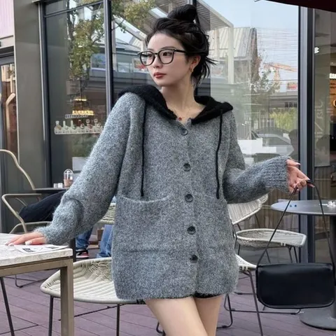 2칼라 후드니트 롱 가디건