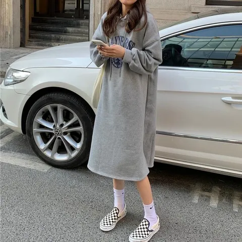 G126826레터링 후드기모 루즈핏 롱원피스