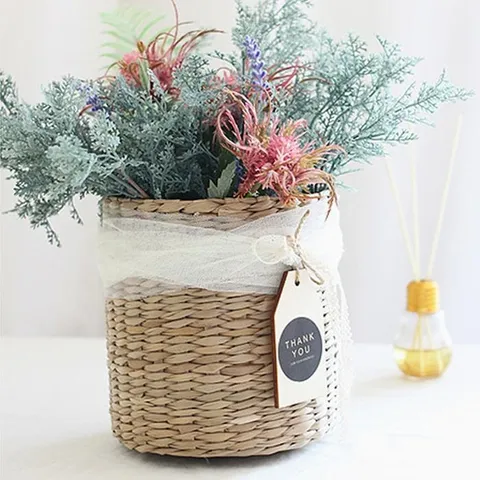 밀짚 원통 모양 다용도 바구니 화분커버 꽃바구니