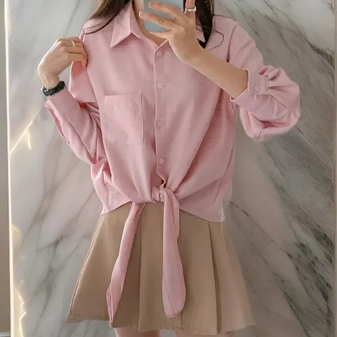 여자 크롭 매듭 긴팔 거즈셔츠 스프링 셔츠